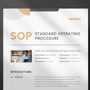 May include: A standard operating procedure (SOP) template with a title placeholder, date created, revision number, last update, SOP number, preparer, and approved by fields. The document also includes a section for introductions and purpose.
