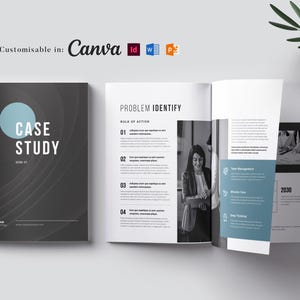 May include: A black and white case study template with a blue circle on the cover that says "CASE STUDY". The inside pages have text and a black and white photo of a woman in a meeting.