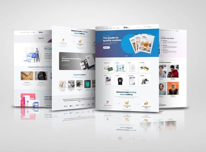 K&ouml;nnte beinhalten: Homepage einer Website f&uuml;r ein Unternehmen f&uuml;r individuelles Drucken. Die Website ist in den Farben Blau und Wei&szlig; gehalten und bietet eine Vielzahl von Produkten, darunter T-Shirts, Tassen und Visitenkarten. Die Website enth&auml;lt auch einen Abschnitt mit Gr&uuml;nden, warum man mit dem Drucken bei diesem Unternehmen beginnen sollte.