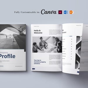 Pode incluir: Modelo de perfil de empresa em tons de cinza. A capa apresenta uma foto de pessoas numa passarela. As páginas abertas exibem o texto "Hello & Welcome" e "Your key to seamless property solutions". Totalmente personalizável no Canva.