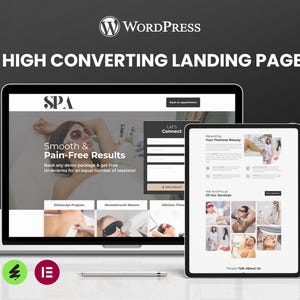 May include: A laptop and tablet showing a spa website landing page. The laptop screen displays a woman with sunglasses, and the text "Smooth & Pain-Free Results." The tablet displays service information. The WordPress logo is at the top.