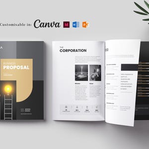 May include: A business proposal template with a modern design. The cover features a lightbulb and ladder graphic, with the text "Business Proposal" and "LEXA". The open pages display content with the text "THE CORPORATION". Fully customizable in Canva.