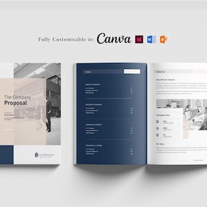 Könnte beinhalten: Eine Unternehmensvorlage mit modernem Design. Das Cover zeigt den Titel "The Company Proposal" mit einem geometrischen Design in Beige, Marineblau und Weiß. Die Innenseiten zeigen ein Inhaltsverzeichnis und Unternehmensinformationen. Vollständig anpassbar in Canva.