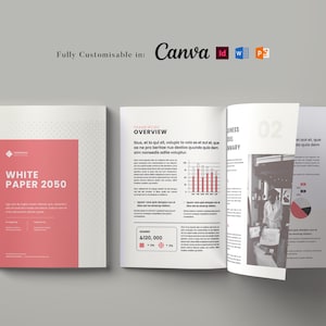 Modello di white paper stampabile, formato di white paper aziendale, modello di white paper Canva, Word e InDesign, modello di brochure, layout di libro