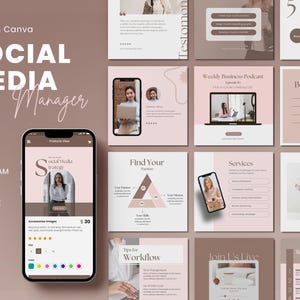 Puede incluir: Una plantilla de administrador de redes sociales con 60 publicaciones e historias de Instagram. La plantilla presenta un esquema de color rosa y marrón con imágenes de mujeres y texto sobre estrategia de redes sociales, consejos de marca y podcasts de negocios semanales.
