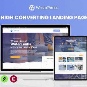 Könnte beinhalten: Ein Laptop und ein Tablet zeigen ein Website-Design mit dem Text "HIGH CONVERTING LANDING PAGE" und "Worried About Water Leaks In Your Home Or Office?". Ein Stift und zwei Logo-Symbole befinden sich im Vordergrund. Der Hintergrund ist ein Blauton.