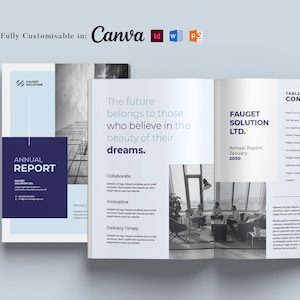 Peut inclure: Une double page d'un rapport annuel d'entreprise. La page de gauche présente un schéma de couleurs bleu et blanc avec le logo de l'entreprise et les mots "Rapport annuel". La page de droite présente une photo en noir et blanc d'un espace de bureau moderne avec le nom de l'entreprise et les mots "Rapport annuel, janvier 2050". La page de droite comprend également une table des matières.