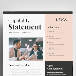May include: A business document titled "Capability Statement" with a photo of two people. The document includes the company logo, "LEXA BUSINESS SLOGAN", and sections for NAICS codes, company overview, and core competencies.