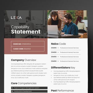 Peut inclure: Document commercial intitulé "Déclaration de capacité" avec le logo LEXA. Le document comprend des informations sur l'entreprise, les codes NAICS et les compétences de base. L'arrière-plan présente un cadre de bureau flou.