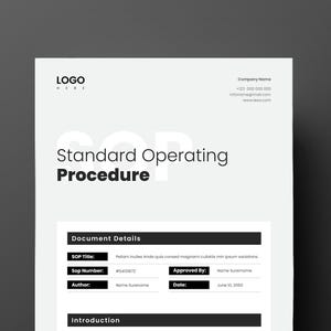 May include: A white document with the title "Standard Operating Procedure" in a bold, sans-serif font. The document includes sections for document details, including SOP title, number, author, and approval information. The background is a dark gray.