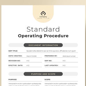 以下が含まれることがあります： 標準作業手順書（SOP）の白黒のドキュメントテンプレート。このドキュメントには、SOPタイトル、作成日、改訂番号、有効日、作成者、SOP番号、最終更新日に関するセクションが含まれています。目的と範囲に関するセクションも含まれています。