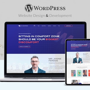 Könnte beinhalten: Die Homepage eines Unternehmens für Webdesign und -entwicklung mit einem Mann in einem blauen Hemd und Brille mit dem Text "Im Komfortbereich zu sitzen, sollte Ihr größter Diskomfort sein" und "Starten Sie meine Reise" auf einem blauen Hintergrund mit einem weißen Rastermuster.