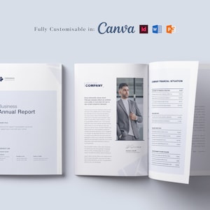 Könnte beinhalten: Eine weiße und graue Vorlage für einen Geschäftsbericht mit dem Titel "Business Annual Report". Der Bericht enthält ein Firmenlogo, Kontaktinformationen und eine Tabelle zur Finanzlage. Der Bericht ist vollständig anpassbar in Canva, InDesign, Word und PowerPoint.