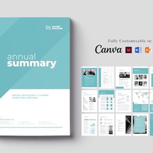 以下が含まれることがあります： 「annual summary」のテキストが入った、ターコイズと白の年次サマリーレポートの表紙。レポートには「Unique opportunity to make something awesome」のテキストが含まれています。レポートはCanva、ID、W、Pで完全にカスタマイズ可能です。
