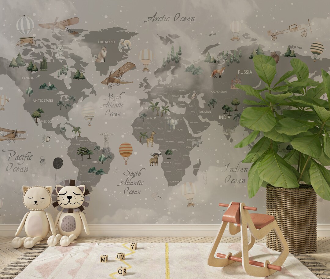 İnstructive Grey World Map Wallpaper Etsy