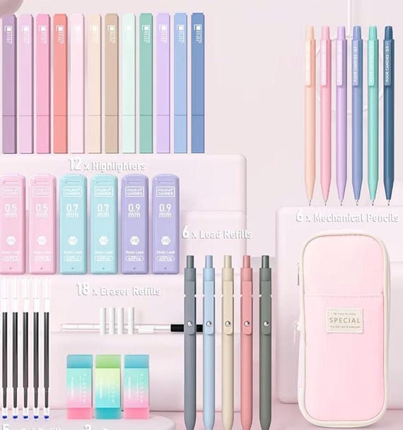 Four Candies 39pcs Aesthetic School Supplies With Cute Pen Case, 12 Pastel Highlighters, 5 Black Ink Gel Pens, 6 Mechanical Pencils Set 0.5