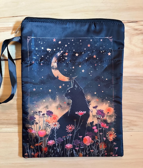 Black Cat & Floral Book sleeve with Zipper and front pocket