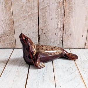 Vintage Fosters Pottery Seal Figurine; Brown Glazed Cornish Studio Pottery