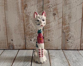 ヴィンテージの手描き陶器の長い首の猫 - イタリア製、ミッド