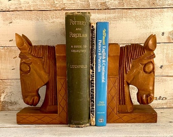 Vintage Hand Carved Wooden Horse Bookends; Farmhouse Home Decor, Rustic Home Decor, Shelf Decor, Folk Art, Solid Wooden Horse Heads