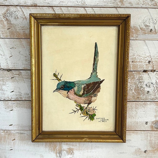 Vintage Oil Painting on Board of Dartford Warbler in Gold Frame; Picture of Bird, Home Wall Decor, Wall Hanging, Hand Painted, Framable Art
