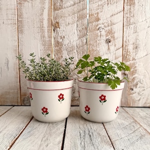 90年代ヴィンテージの陶器製植木鉢2個セット。赤い花柄の小さな白いハーブ用プランター。