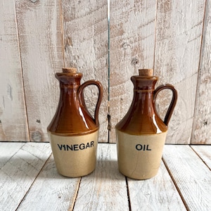 Vintage Stoneware Oil and Vinegar Cruet Set; Farmhouse Ceramic Pourer Dispenser