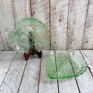 Vintage Pair of Green Glass Leaf Plates; Divided Botanical Relish Serving Dishes