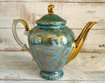 théière et couvercle en céramique de style marocain vintage ; Bouilloire en céramique, cadeau pour amateur de thé, décoration de cuisine vintage, motif plumes de paon