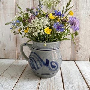 Vintage Marzi & Remy Salt Glazed Stoneware Pitcher; Cobalt Blue Scroll German Westerwald Pottery