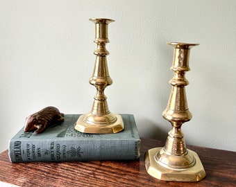 A Pair of Vintage Brass Candlestick Holders; Candle Holder, Eclectic Shelf Decor, Bohemian Table Decor, Rustic Table Setting