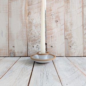 White Glazed Terracotta Taper Candle Holder: Ceramic Chamberstick, Neutral Home Decor