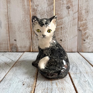 May include: A ceramic cat figurine featuring a mottled black and white coat with a glossy finish. The cat is in a seated position with its tail curled around its side. It has bright yellow eyes, pointed ears, and a white face with black markings.