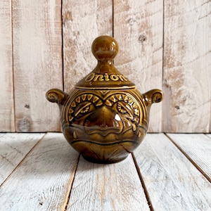 May include: A brown glazed ceramic onion storage jar with a matching lid featuring a knob handle. The jar has two side handles and a molded face design with the word Onion embossed on the lid. The finish has a visible crackle texture.