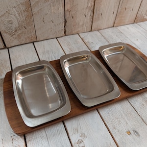 Vintage Teak Wood Tray with Stainless Steel Serving Dishes: Danish MCM Kitchen