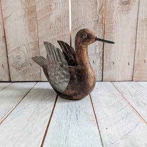 Hand Carved Wood Duck Figurine with Metal Wings - Indian Folk Art