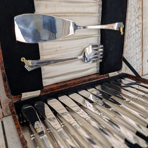 Antique Silver Fish Cutlery Set: 12 Forks, Knives, Servers, Original Box