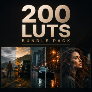 May include: A digital product graphic titled 200 LUTS BUNDLE PACK in large beige text on a black background. Below the title are three split-screen comparison images showing before and after color grading effects on a landscape, a car, and a portrait.