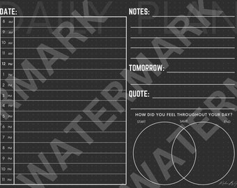 May include: A black and white daily planner with a grid layout for scheduling. The planner includes sections for notes, tomorrow's tasks, a quote, and a mood tracker.