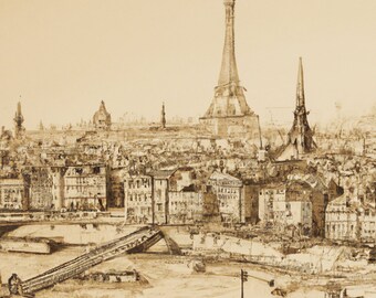 Puede incluir: Un dibujo a tinta en tonos sepia de un paisaje urbano que presenta una torre alta prominente que se asemeja a la Torre Eiffel, un río con un puente en primer plano y una densa arquitectura urbana con múltiples agujas bajo un cielo claro.