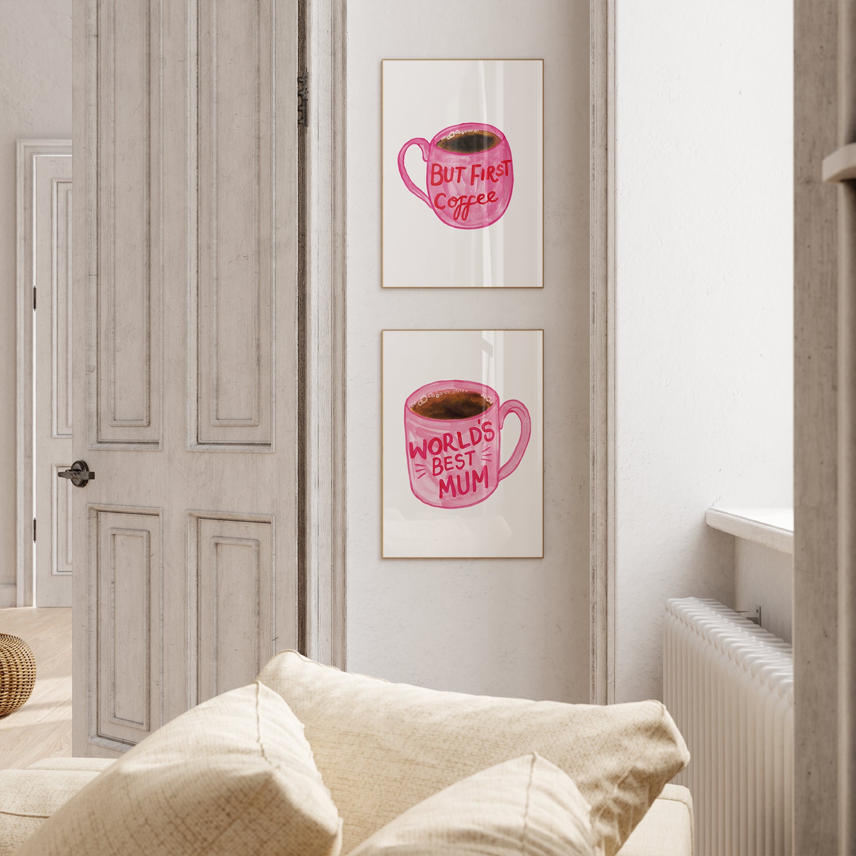 thumbnail image 2 of NEON SIGN FIRST COFFEE – Deep Framed Canvas Wall Art – Pink Leaf Print – Handmade, Waterproof 2 of 2