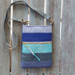 Small passport crossbody bag, Blue crossbody bag with zip, Canvas cell phone crossbody, Blue Striped Crossbody Shoulder Bag, Mini crossbag
