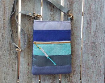 Small passport crossbody bag, Blue crossbody bag with zip, Canvas cell phone crossbody, Blue Striped Crossbody Shoulder Bag, Mini crossbag