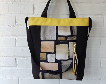 Handmade Black canvas tote bag, Geometric print tote bag, Fabric medium handbag, Cloth tote bag with pocket zipper, Canvas purse for women