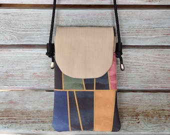 Bolso bandolera de lona beige para teléfono móvil, bolso cruzado con bolsillo geométrico, funda para teléfono hecha a mano con correa ajustable