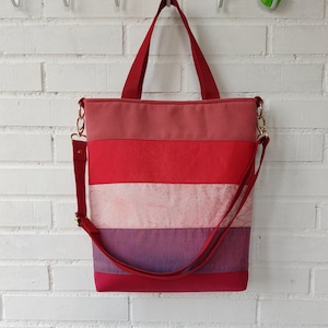 Shopper handbag in red, Red Fabric tote bag, Large shoulder bag for women, Red and pink striped bag, Handmade canvas tote bag, Padded tote