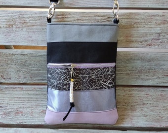 Striped crossbody bag, Black and grey crossbody bag, Passport Crossbody Bag, Small shoulder travel bag, Fabric Cell Phone Purse