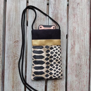 Bolso para móvil con estampado animal, Monedero para móvil en dorado y negro, Bolso bandolera de lona para móvil, Bolso para móvil con cordón, Bolso pequeño de tela con estampado de serpiente