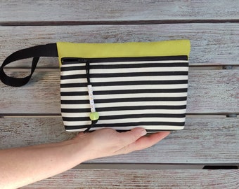 Sacoche pour téléphone avec bracelet, pochette en tissu faite main, petit sac à rayures noires et blanches, sac à main portefeuille vert citron et noir, sac à bandoulière végétalien