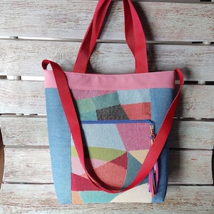 Colourful fabric tote handbag, Denim large tote bag, Denim and tapestry tote bag, Geometric print tote bag, Tote bag with zipper pocket
